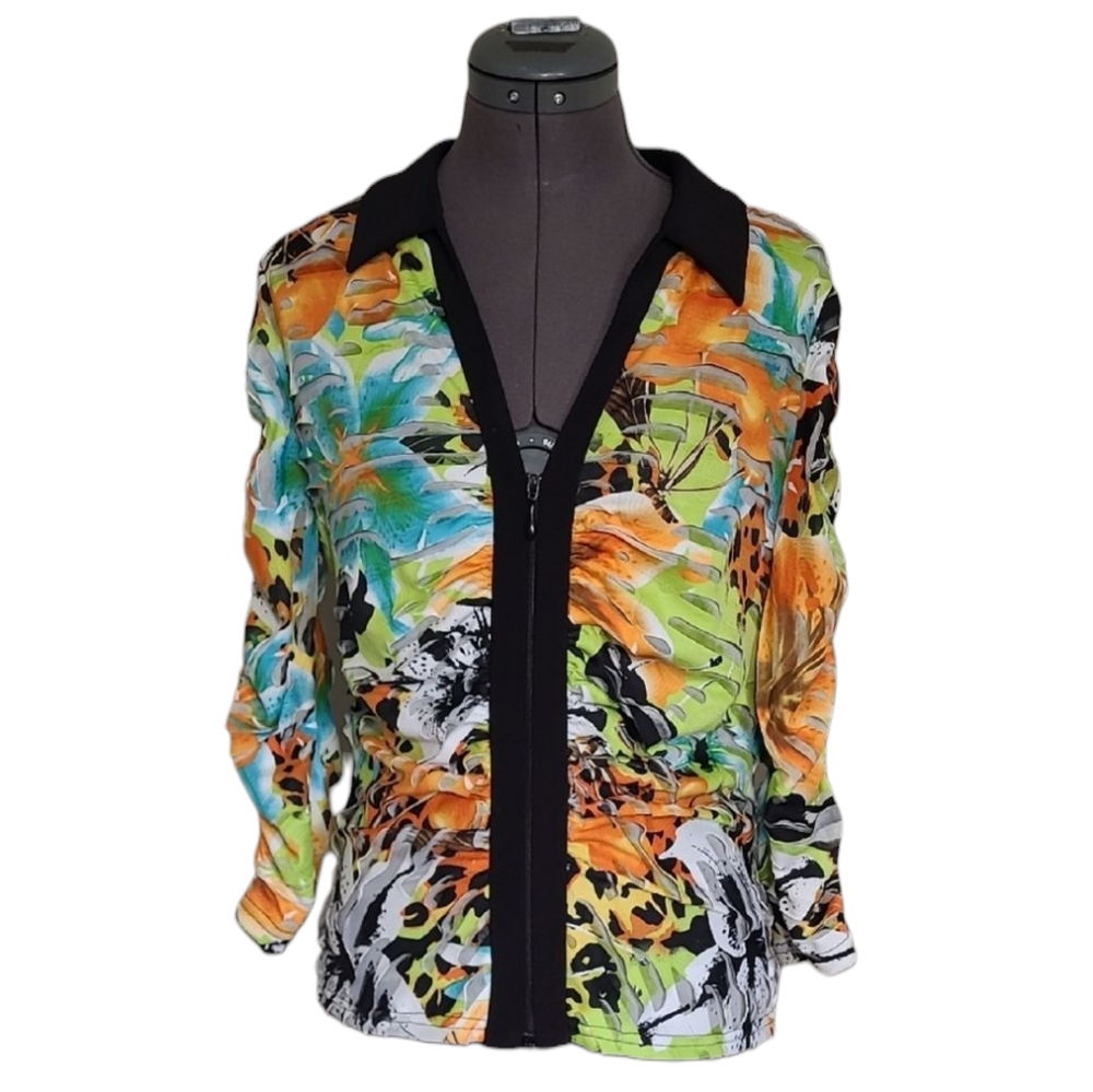 Joseph Ribkoff Vibrant Print Zipper Blouse Jacket Top Black Trim